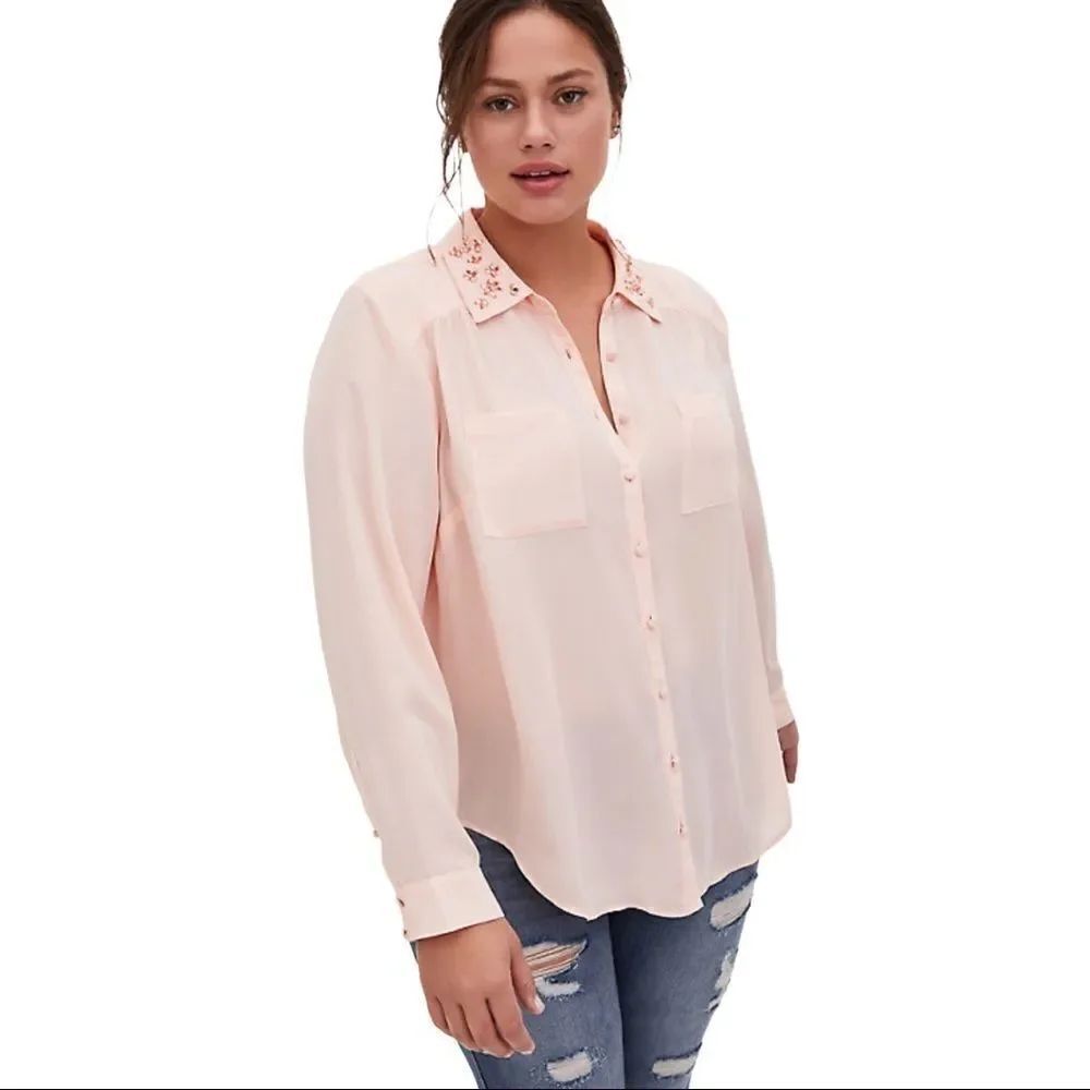 Pink Rhinestone Collar Long Sleeve Button Down Blouse Plus Size 2X